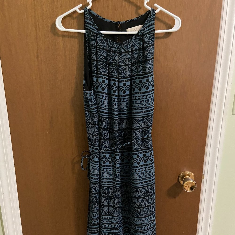 LOFT Geometric Print Sleeveless Dress Size 8 Blue/Teal Black Knee Length